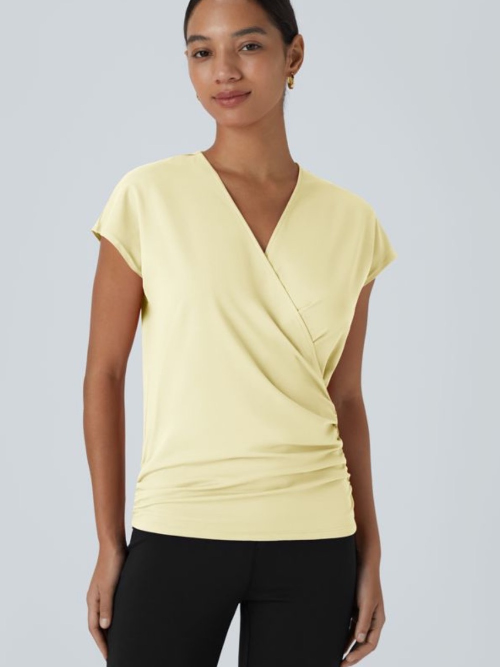 NWOT Halara Yellow V-Neck Cap Sleeve Crossover Ruched Blouse